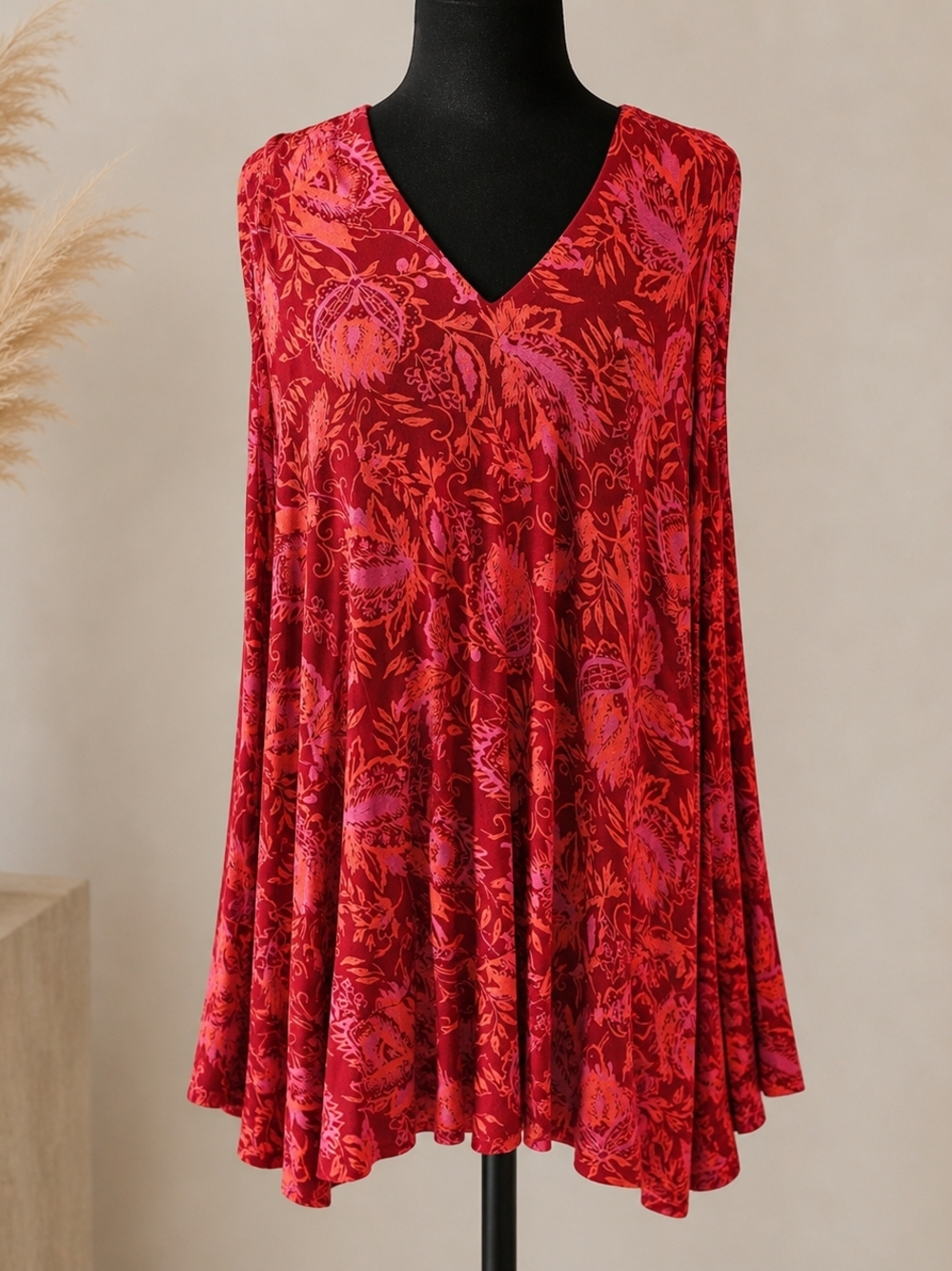 Free People Red & Pink Floral V-Neck Swing Dress